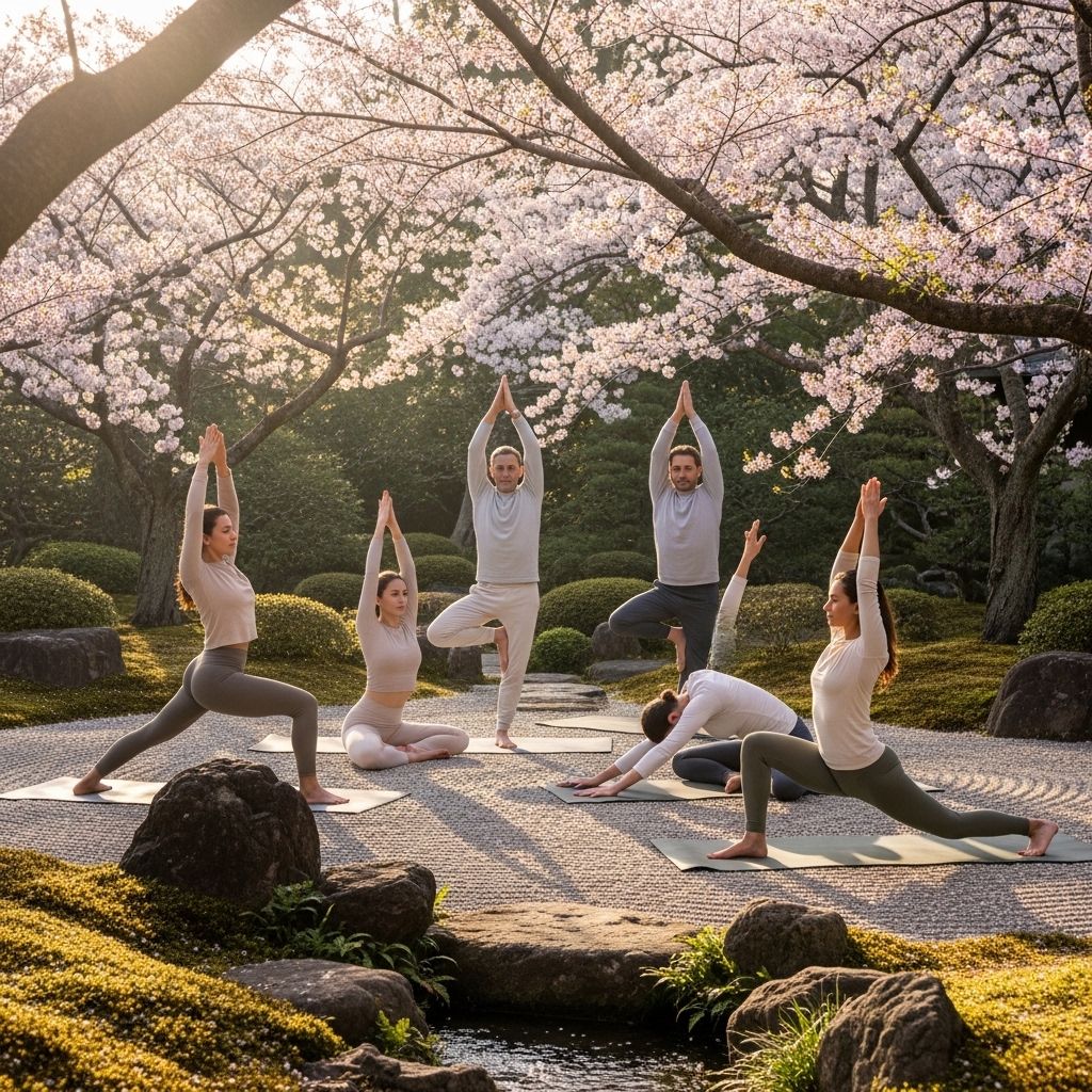 Groupe de personnes pratiquant le yoga en plein air dans un jardin japonais serein avec des cerisiers en fleurs roses, vêtements confortables en couleurs neutres, lumière matinale douce
