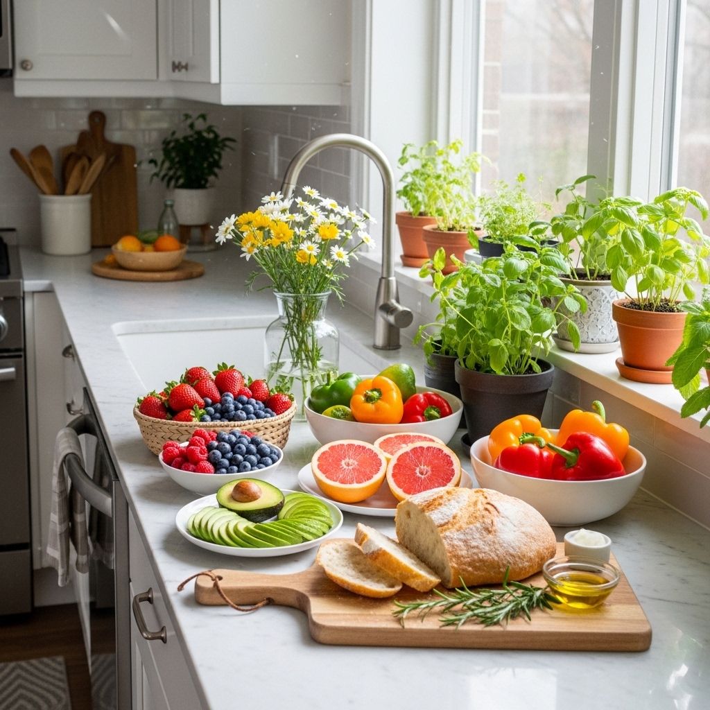 Cuisine lumineuse et ordonnée avec des aliments frais colorés sur le plan de travail en marbre blanc, plantes vertes en pot, atmosphère calme et domestique du matin