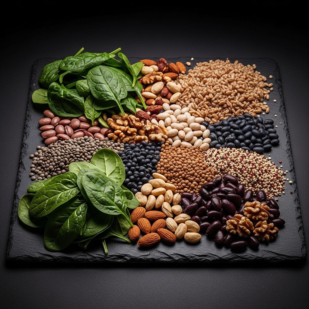 Plateau élégant avec des aliments équilibrés incluant des légumineuses, des grains complets, des légumes verts feuillus et des noix disposés sur une surface en ardoise sombre avec un éclairage studio contrasté