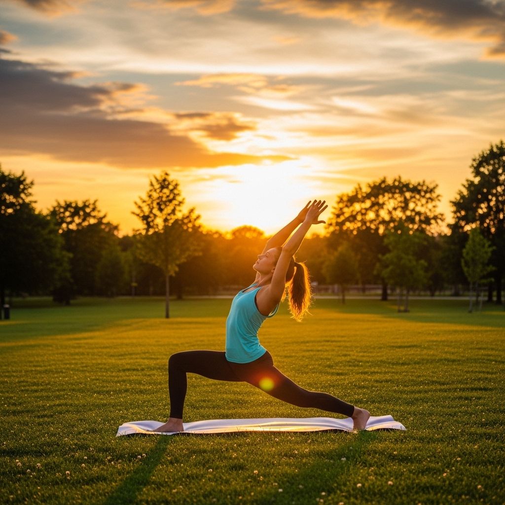 Personne pratiquant des étirements de yoga au coucher du soleil dans un parc verdoyant, lumière dorée rasante sur l'herbe, atmosphère calme et concentrée