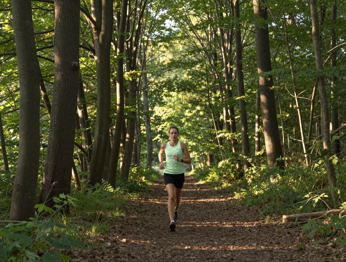 Personne en tenue de sport courant sur un sentier forestier au lever du soleil, lumière filtrée à travers les arbres